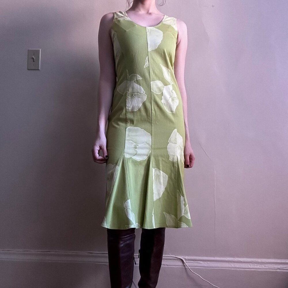 Vintage Onara Jeans Green Floral Midi Dress Sz 36